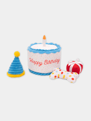 Jouet d'occupation pour chien - gâteau d'anniversaire - Gâteau d’anniversaire avec 3 petites peluches, Squeaker pour stimuler la recherche
