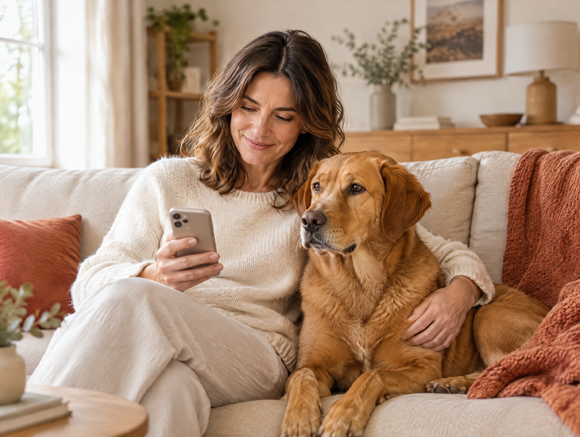 Une femme choisit des accessoires sur son téléphone, son chien installé à ses côtés